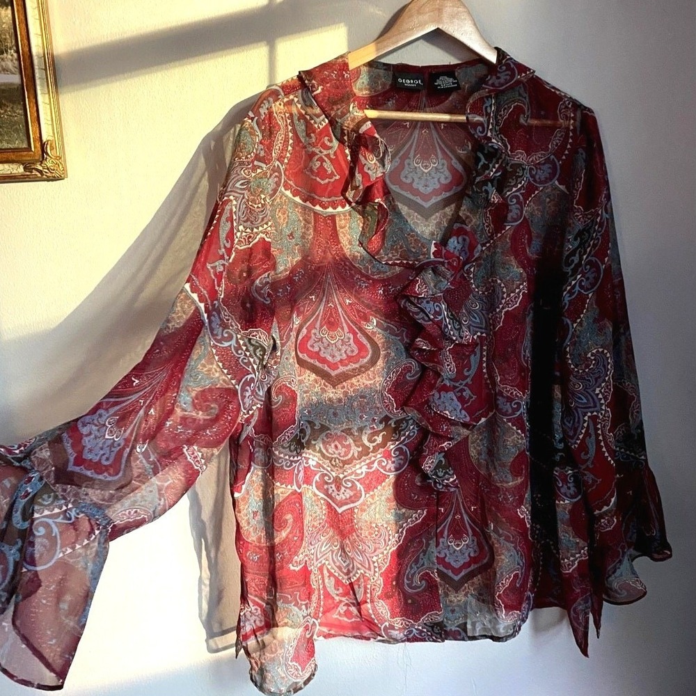 Y2K Paisley Sheer Red Flowy‎ Ruffle Blouse 22 Boho Fairycore Whimsygoth Flutter